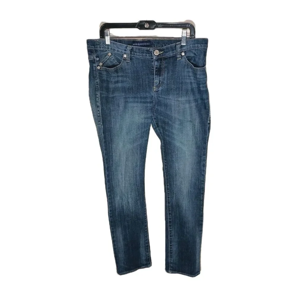 Rock & Republic Women's Dark Blue Denim Bootcut Straight Leg Jeans Sz 14 $225